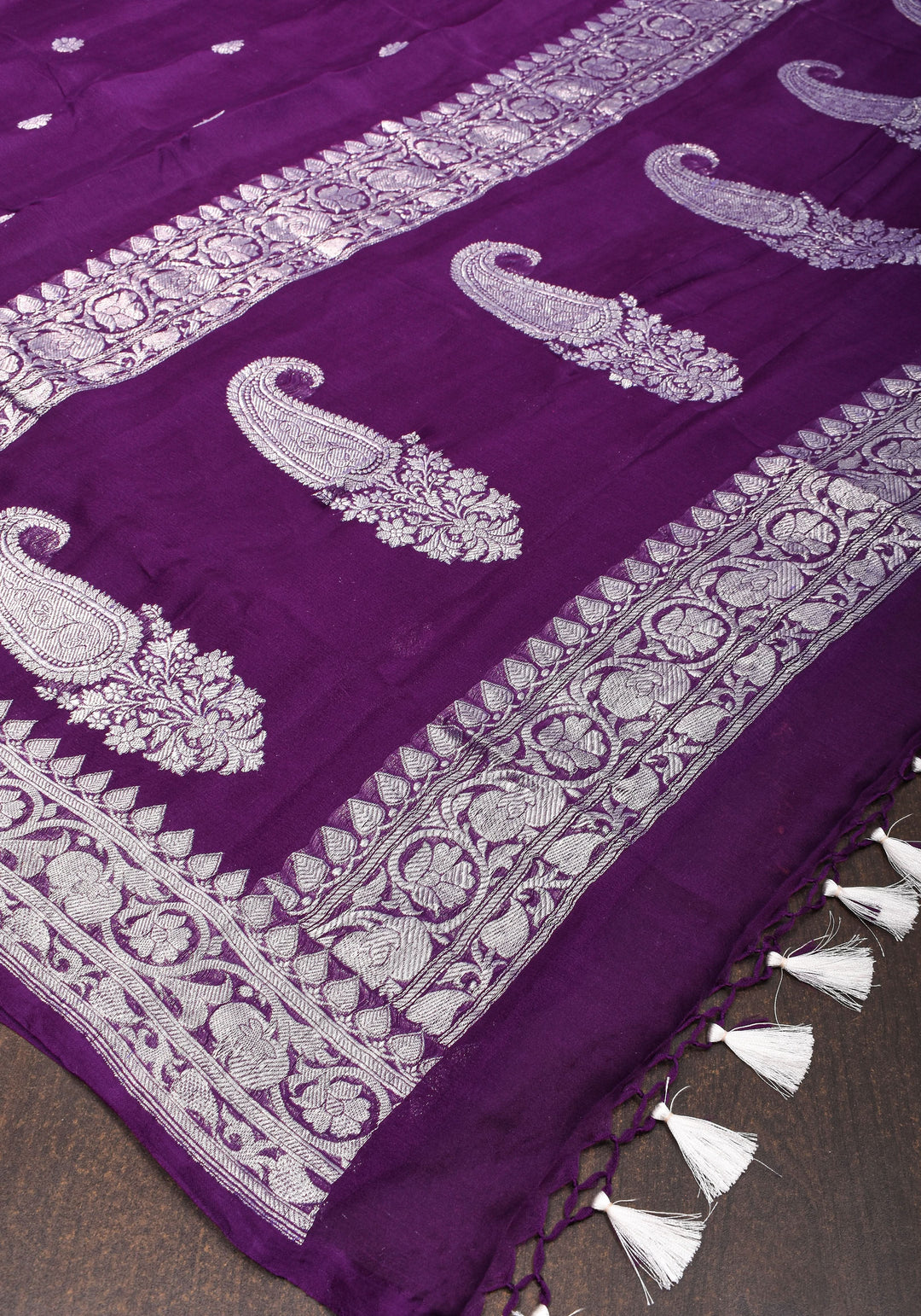 Plum Pure Silk Chiffon Saree with Zari Buttas and Elongated Paisley in Pallu | SILK MARK CERTIFIED