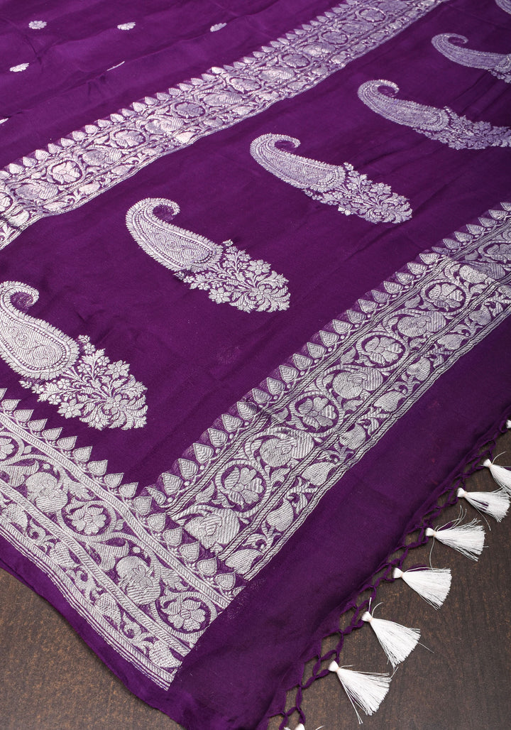 Plum Pure Silk Chiffon Saree with Zari Buttas and Elongated Paisley in Pallu | SILK MARK CERTIFIED