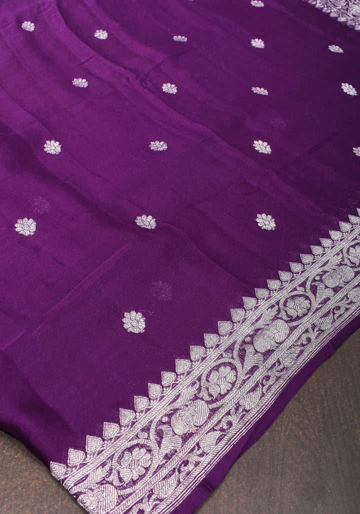 Plum Pure Silk Chiffon Saree with Zari Buttas and Elongated Paisley in Pallu | SILK MARK CERTIFIED