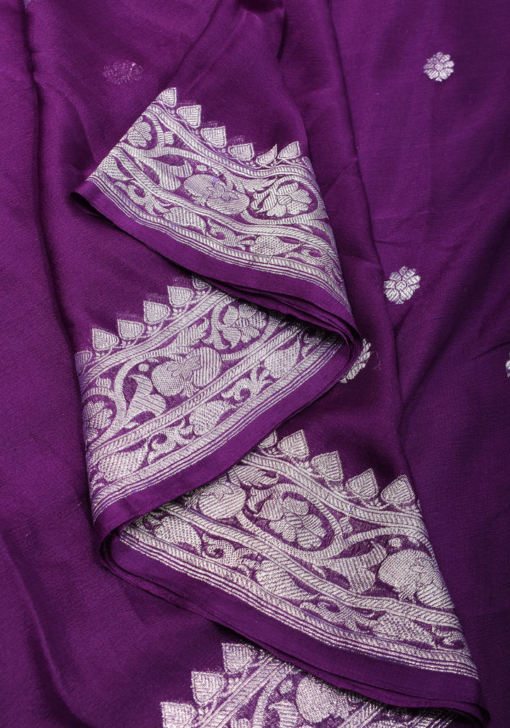 Plum Pure Silk Chiffon Saree with Zari Buttas and Elongated Paisley in Pallu | SILK MARK CERTIFIED