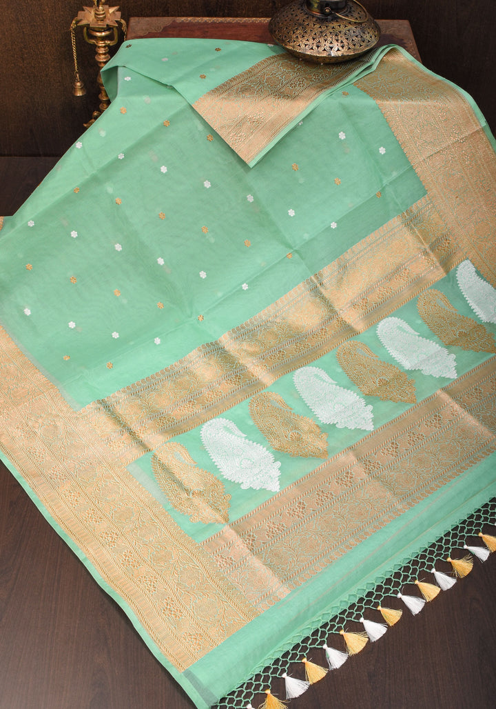 Aqua Exquisite Pure Banarasi Kora Silk Saree with Chunri d Zari | SILK MARK CERTIFIED