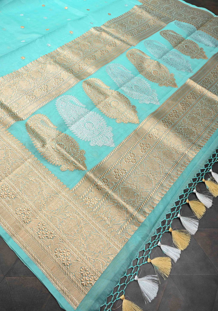 Celeste Exquisite Pure Banarasi Kora Silk Saree with Chunri Butta and Zari Border | SILK MARK CERTIFIED