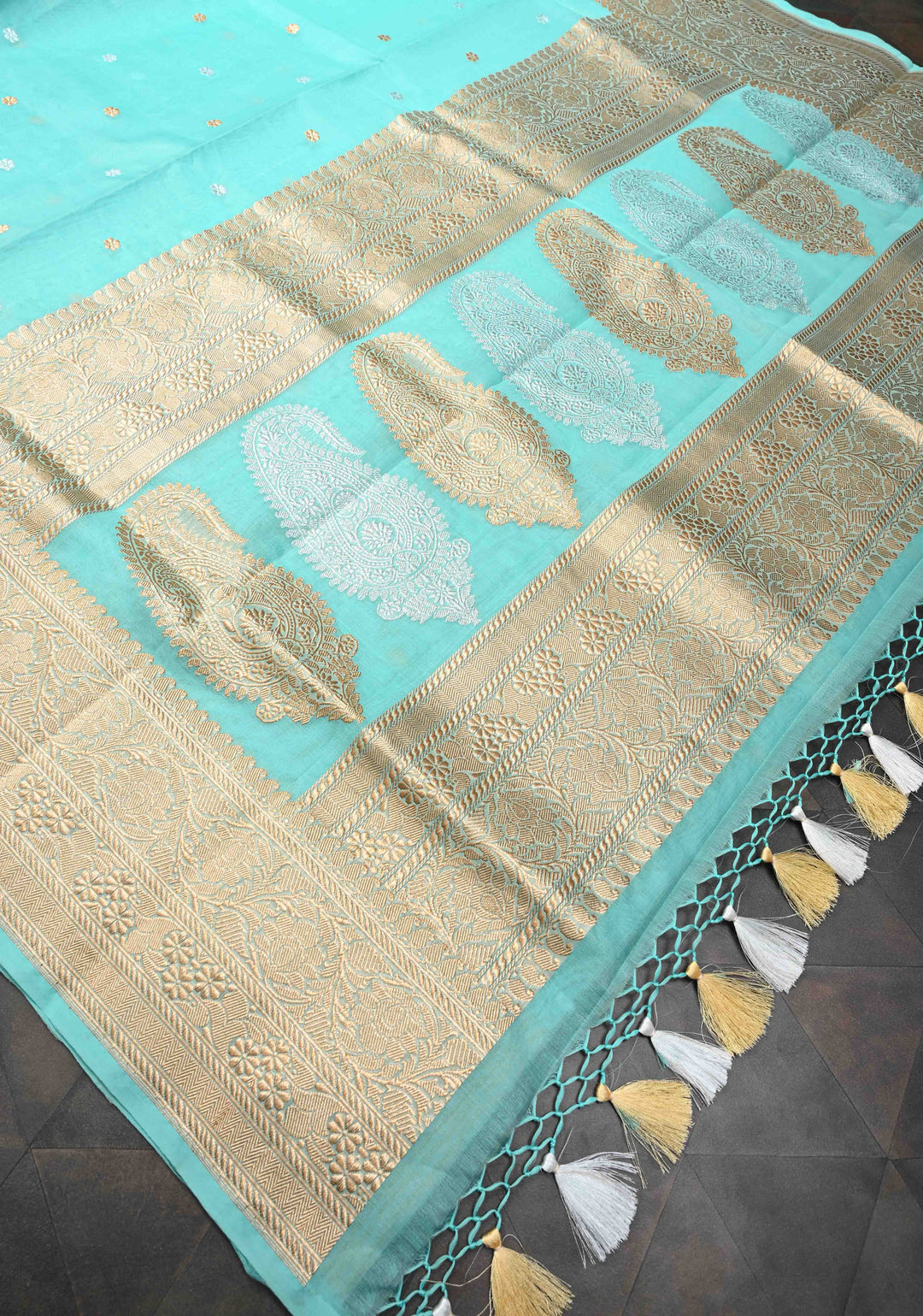Celeste Exquisite Pure Banarasi Kora Silk Saree with Chunri Butta and Zari Border | SILK MARK CERTIFIED