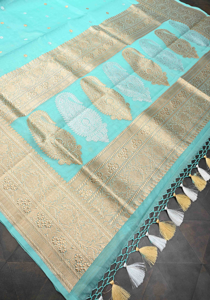 Celeste Exquisite Pure Banarasi Kora Silk Saree with Chunri Butta and Zari Border | SILK MARK CERTIFIED