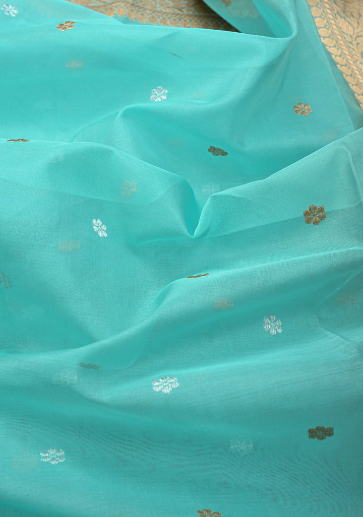 Celeste Exquisite Pure Banarasi Kora Silk Saree with Chunri Butta and Zari Border | SILK MARK CERTIFIED