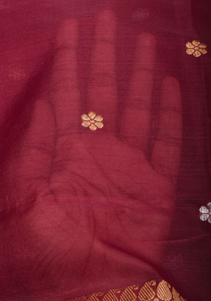 Exquisite Pure Banarasi Organza Silk Saree in Maroon with Sona Rupa Zari and chunri Buttis | SILK MARK CERTIFIED | SHOBITAM