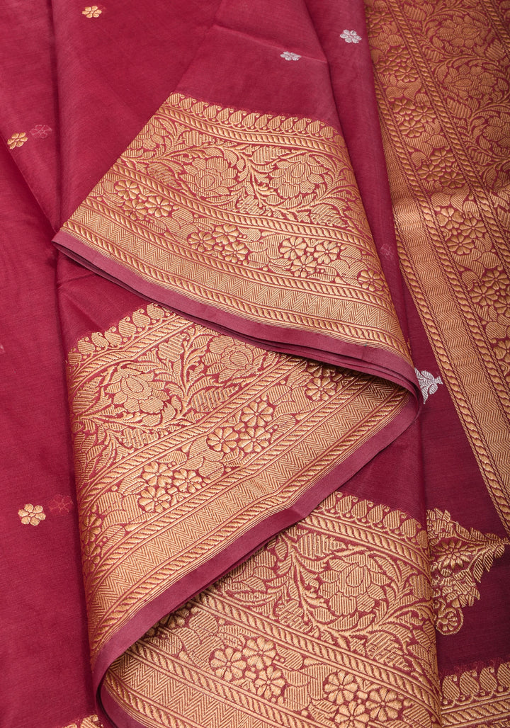 Exquisite Pure Banarasi Organza Silk Saree in Maroon with Sona Rupa Zari and chunri Buttis | SILK MARK CERTIFIED