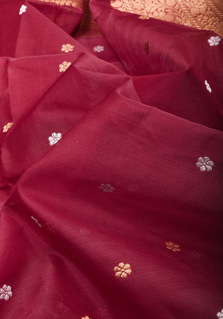 Exquisite Pure Banarasi Organza Silk Saree in Maroon with Sona Rupa Zari and chunri Buttis | SILK MARK CERTIFIED