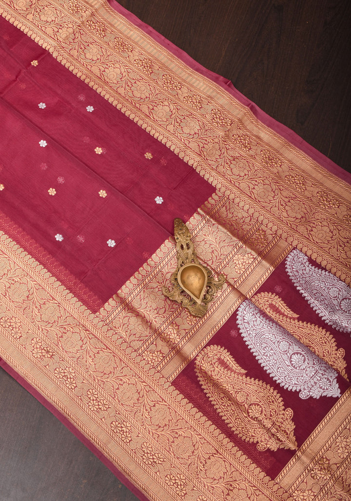 Exquisite Pure Banarasi Organza Silk Saree in Maroon with Sona Rupa Zari and chunri Buttis | SILK MARK CERTIFIED