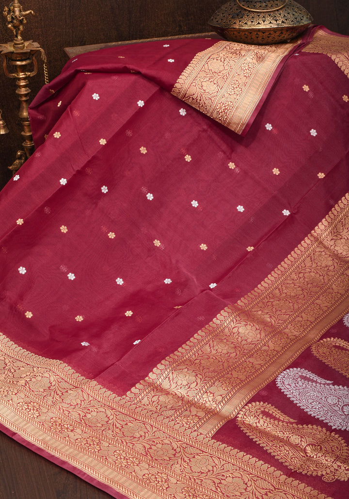 Exquisite Pure Banarasi Organza Silk Saree in Maroon with Sona Rupa Zari and chunri Buttis | SILK MARK CERTIFIED