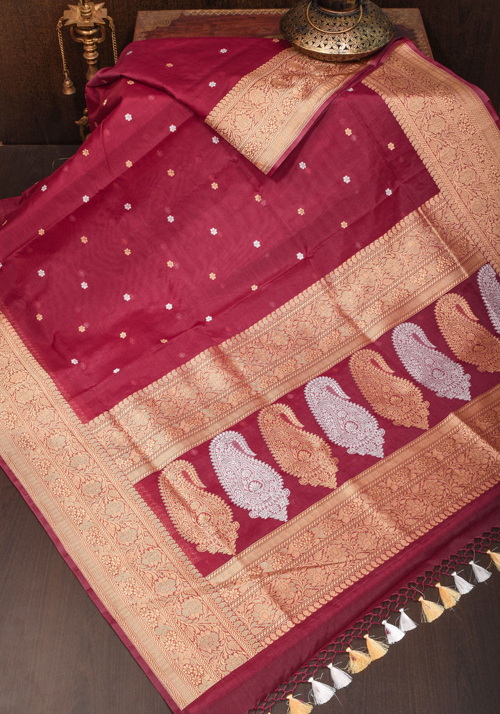 Exquisite Pure Banarasi Organza Silk Saree in Maroon with Sona Rupa Zari and chunri Buttis | SILK MARK CERTIFIED