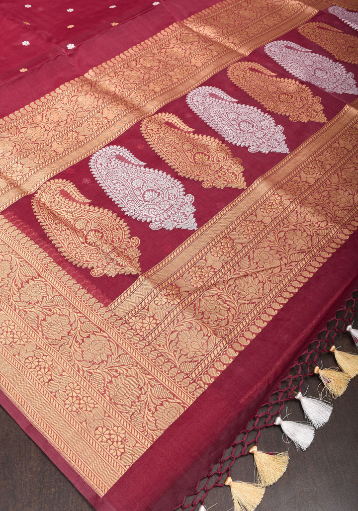 Exquisite Pure Banarasi Organza Silk Saree in Maroon with Sona Rupa Zari and chunri Buttis | SILK MARK CERTIFIED