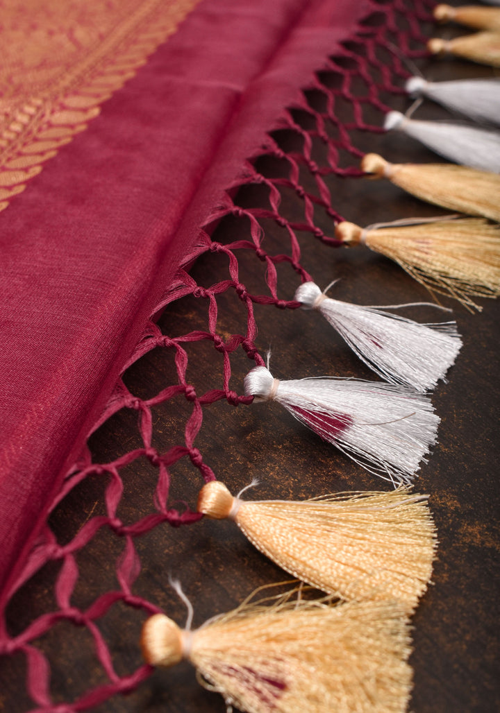 Exquisite Pure Banarasi Organza Silk Saree in Maroon with Sona Rupa Zari and chunri Buttis | SILK MARK CERTIFIED
