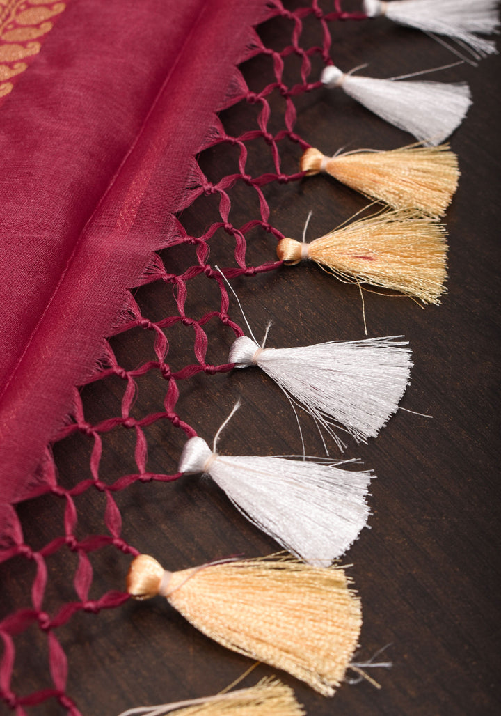 Exquisite Pure Banarasi Organza Silk Saree in Maroon with Sona Rupa Zari and chunri Buttis | SILK MARK CERTIFIED