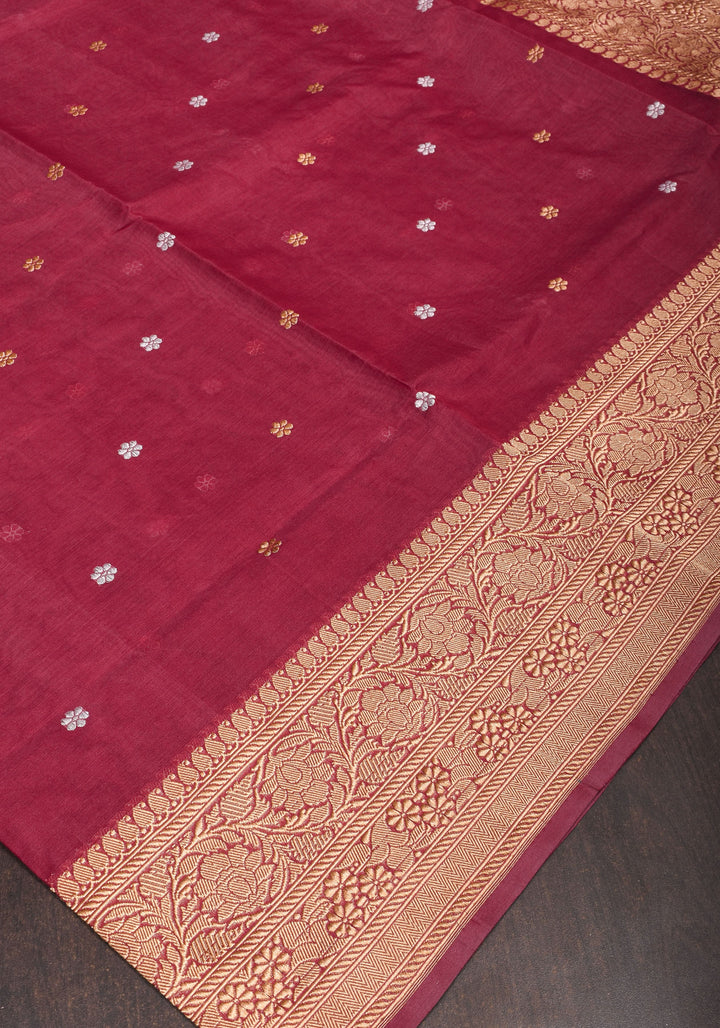 Exquisite Pure Banarasi Organza Silk Saree in Maroon with Sona Rupa Zari and chunri Buttis | SILK MARK CERTIFIED