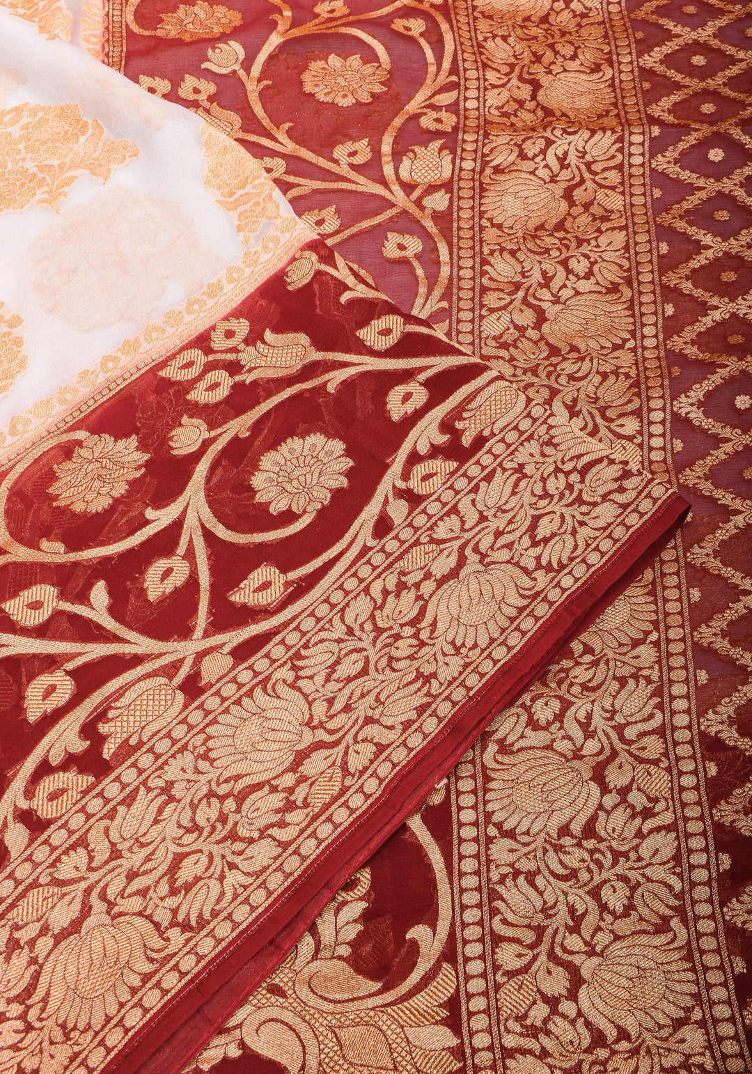 Ivory Banarasi Pure Georgette Saree with  Floral with Contrast Border  | SILK MARK CERTIFIED