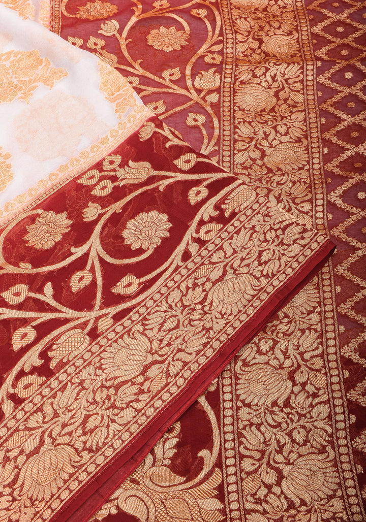Ivory Banarasi Pure Georgette Saree with  Floral with Contrast Border  | SILK MARK CERTIFIED