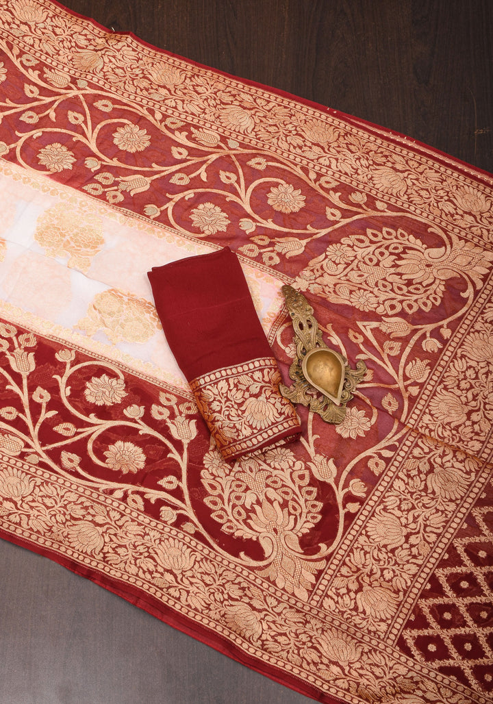 Ivory Banarasi Pure Georgette Saree with  Floral with Contrast Border  | SILK MARK CERTIFIED
