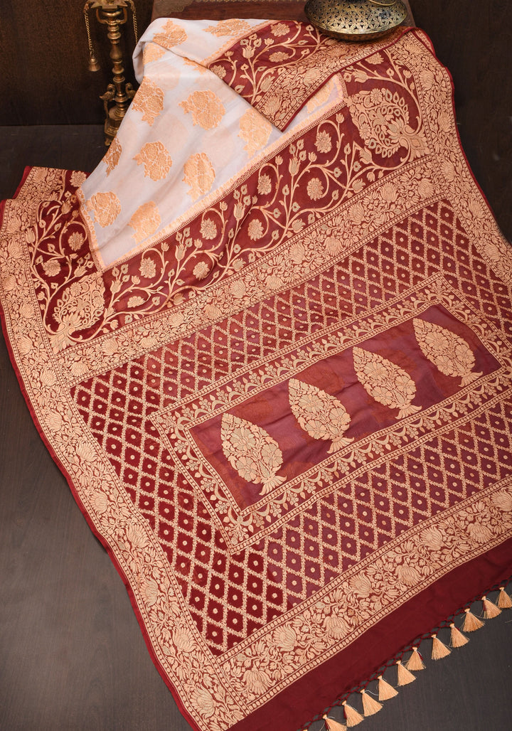 Ivory Banarasi Pure Georgette Saree with  Floral with Contrast Border  | SILK MARK CERTIFIED