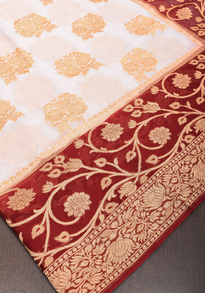 Ivory Banarasi Pure Georgette Saree with  Floral with Contrast Border  | SILK MARK CERTIFIED