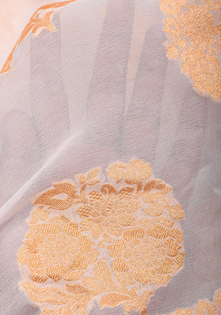 Ivory Banarasi Pure Georgette Saree with  Floral with Contrast Border  | SILK MARK CERTIFIED