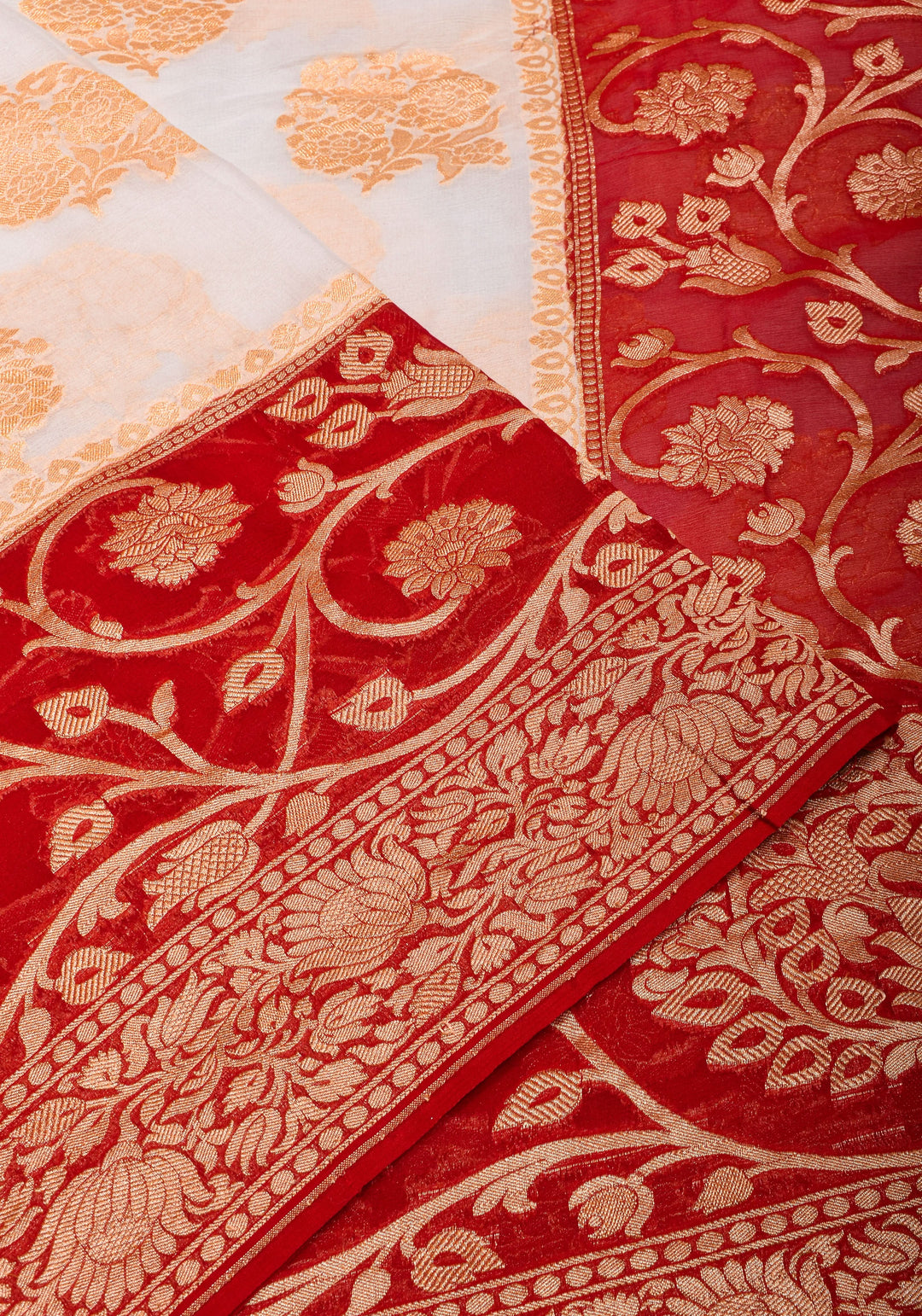White Banarasi Pure Georgette Saree with  Floral with Red Border  | SILK MARK CERTIFIED