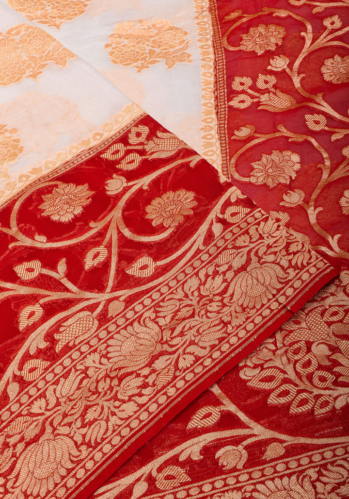 White Banarasi Pure Georgette Saree with  Floral with Red Border  | SILK MARK CERTIFIED