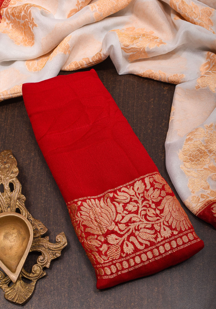 White Banarasi Pure Georgette Saree with  Floral with Red Border  | SILK MARK CERTIFIED