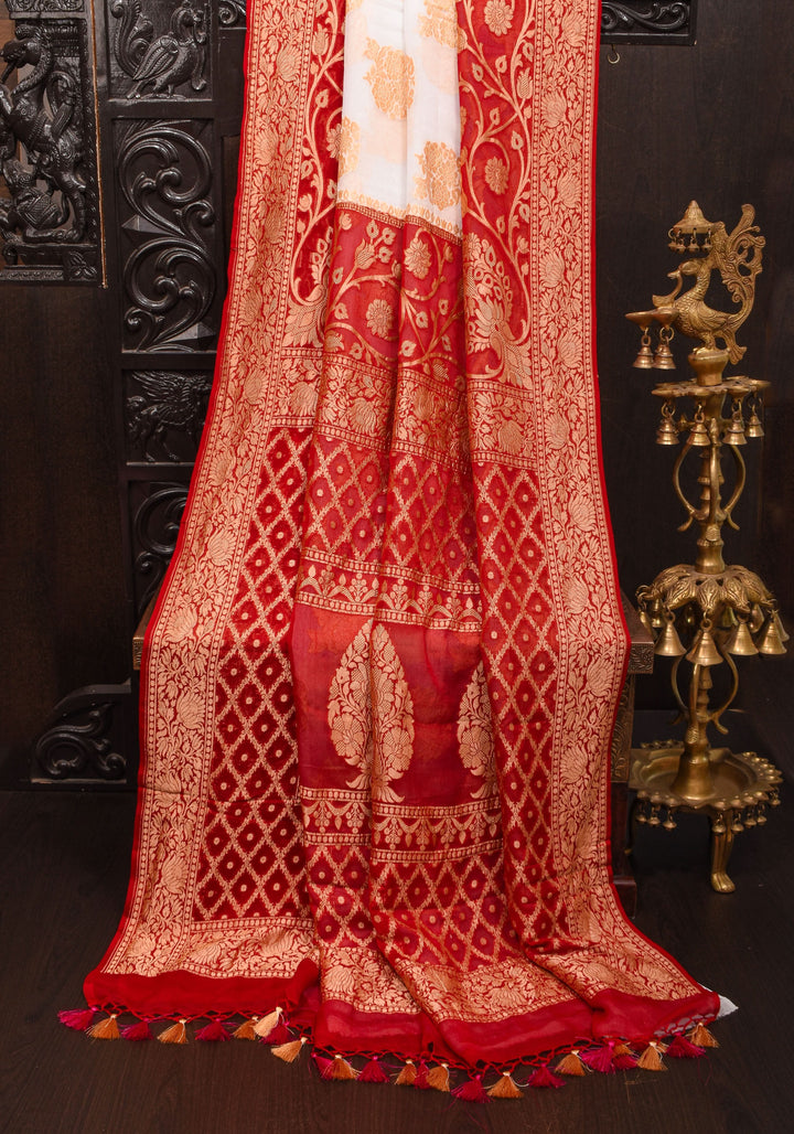 White Banarasi Pure Georgette Saree with  Floral with Red Border  | SILK MARK CERTIFIED