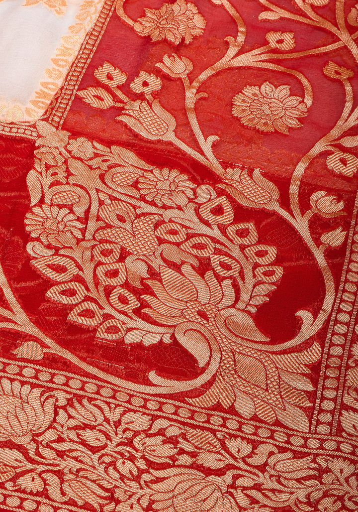 White Banarasi Pure Georgette Saree with  Floral with Red Border  | SILK MARK CERTIFIED