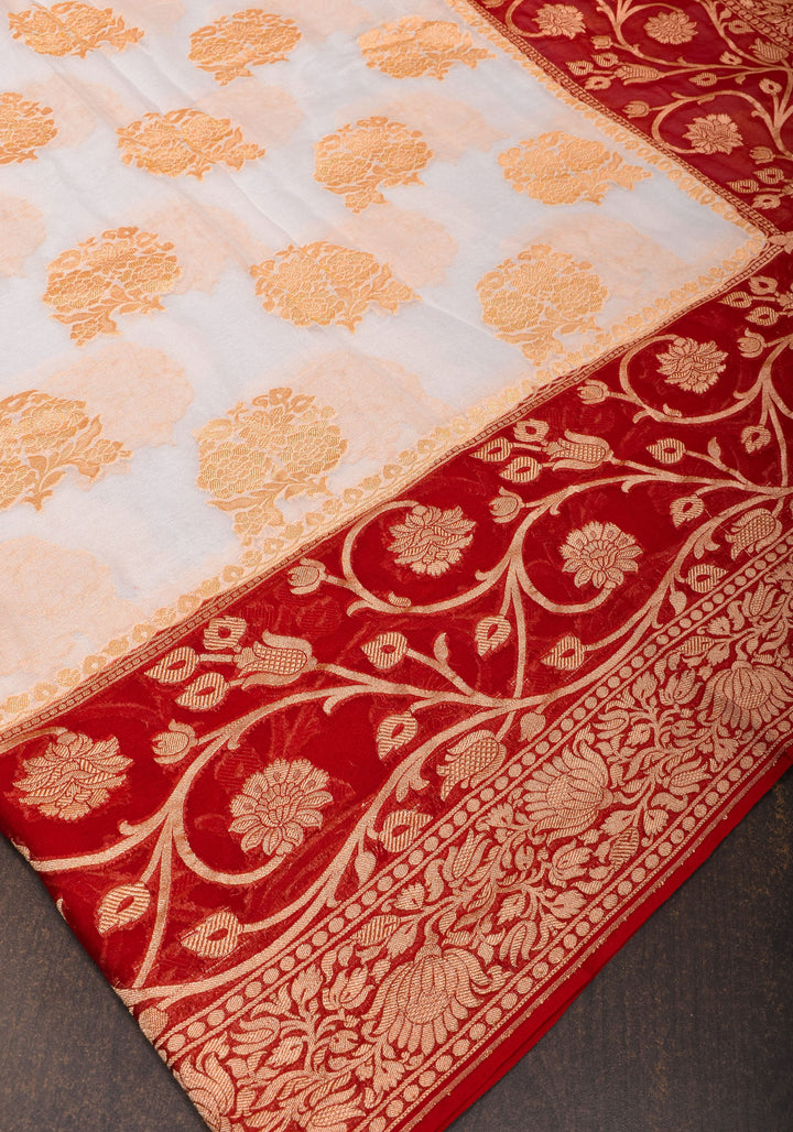 White Banarasi Pure Georgette Saree with  Floral with Red Border  | SILK MARK CERTIFIED