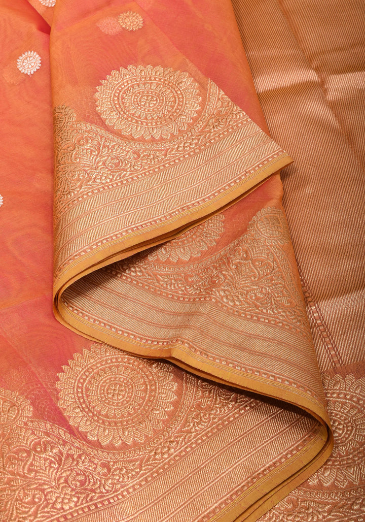 Exquisite Banarasi Kora Silk Saree with Zari Motifs in Pink and Mustard Dual Tone with kadhuwa weave | SILK MARK CERTIFIED