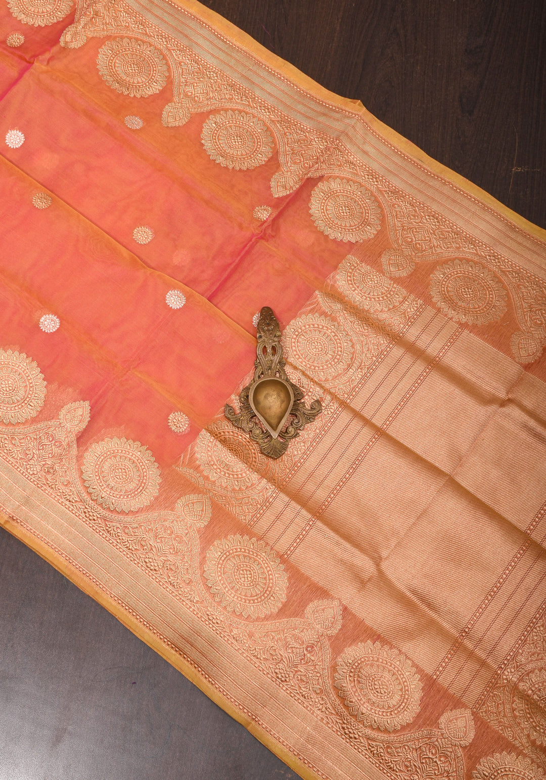Exquisite Banarasi Kora Silk Saree with Zari Motifs in Pink and Mustard Dual Tone with kadhuwa weave | SILK MARK CERTIFIED
