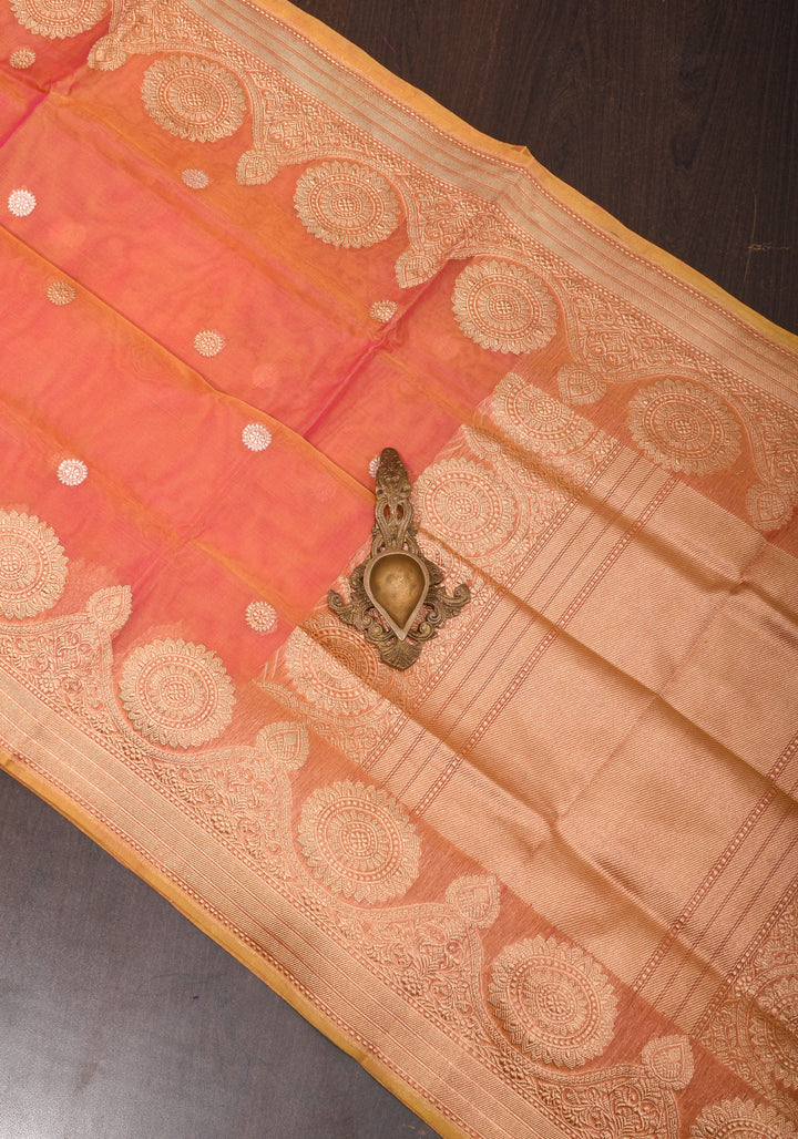 Exquisite Banarasi Kora Silk Saree with Zari Motifs in Pink and Mustard Dual Tone with kadhuwa weave | SILK MARK CERTIFIED