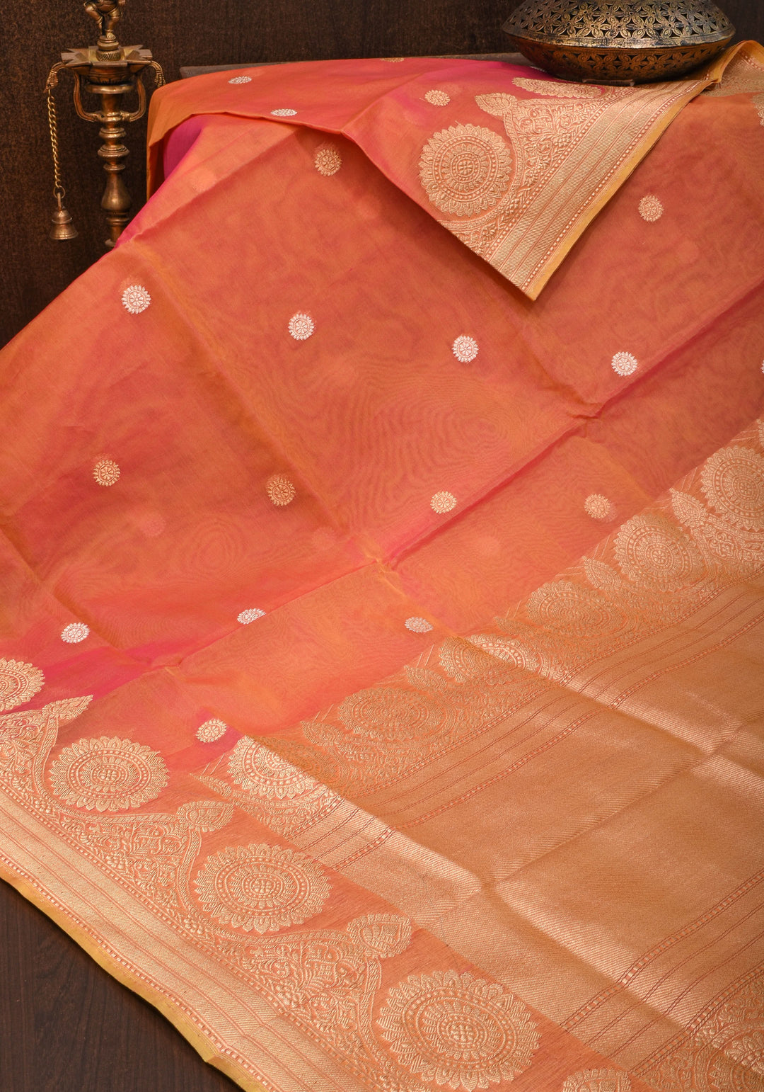Exquisite Banarasi Kora Silk Saree with Zari Motifs in Pink and Mustard Dual Tone with kadhuwa weave | SILK MARK CERTIFIED