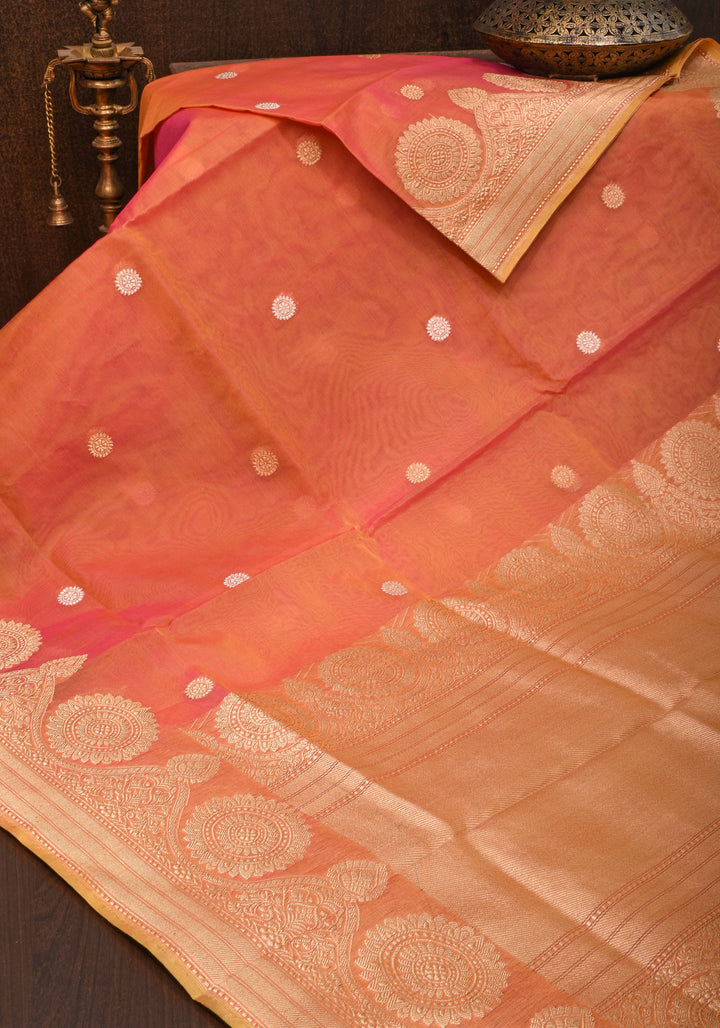 Exquisite Banarasi Kora Silk Saree with Zari Motifs in Pink and Mustard Dual Tone with kadhuwa weave | SILK MARK CERTIFIED