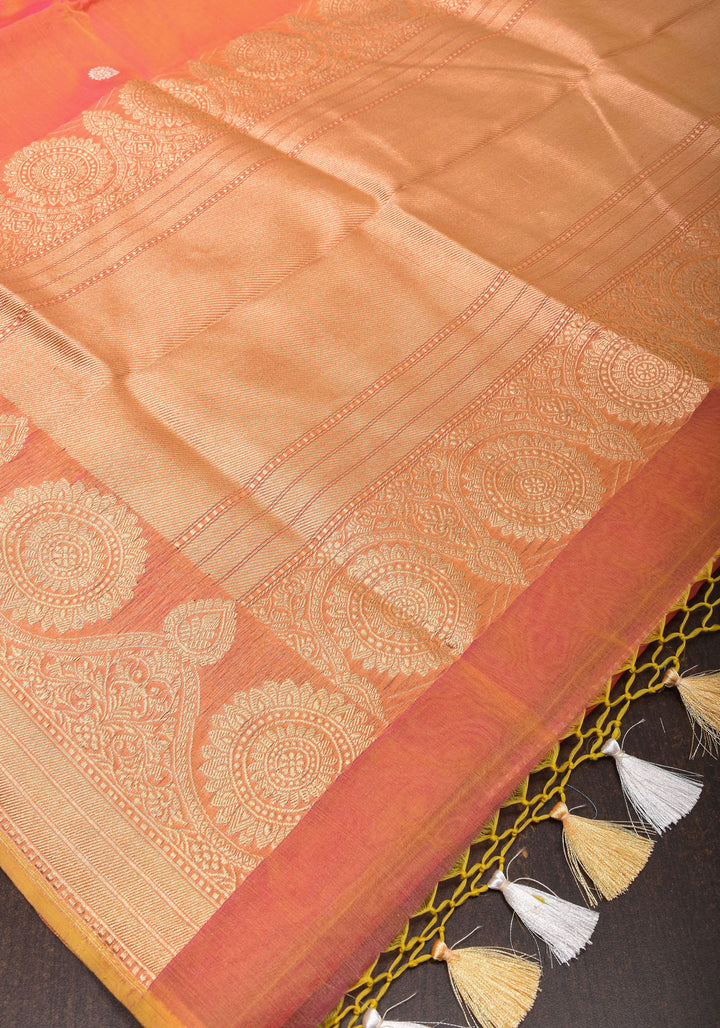 Exquisite Banarasi Kora Silk Saree with Zari Motifs in Pink and Mustard Dual Tone with kadhuwa weave | SILK MARK CERTIFIED