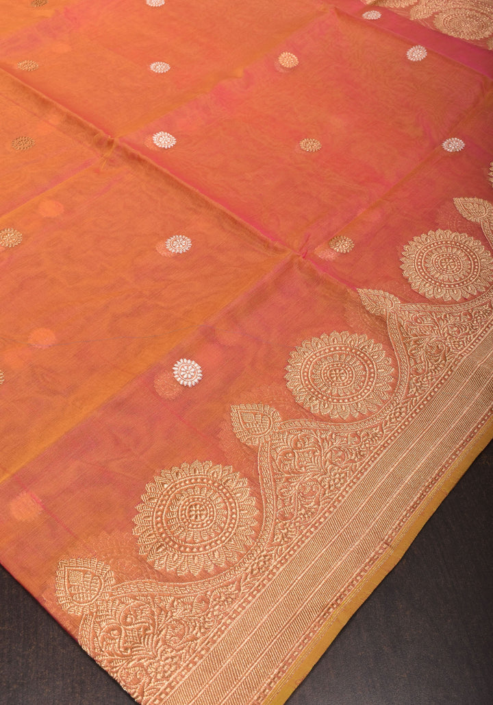 Exquisite Banarasi Kora Silk Saree with Zari Motifs in Pink and Mustard Dual Tone with kadhuwa weave | SILK MARK CERTIFIED