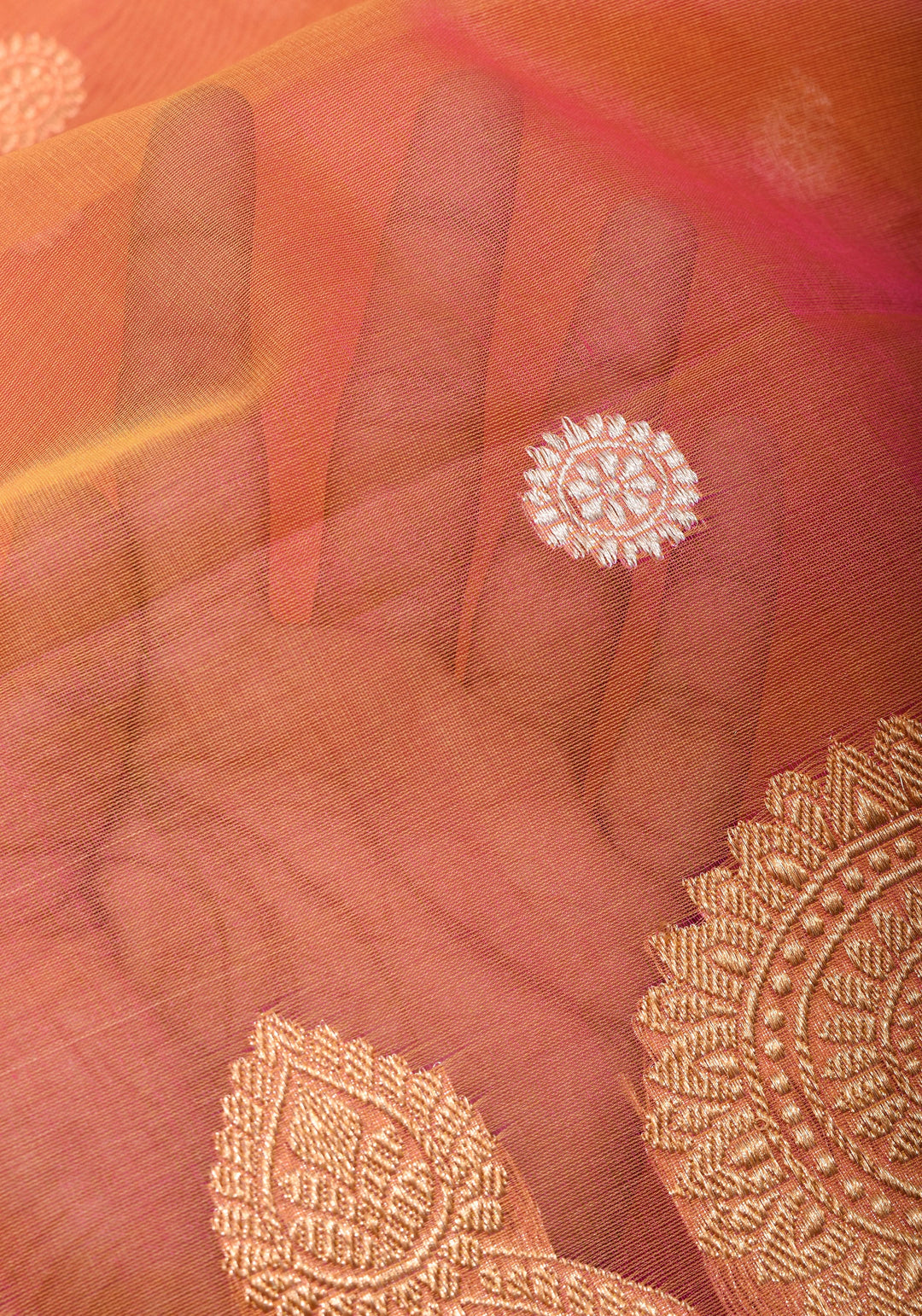 Exquisite Banarasi Kora Silk Saree with Zari Motifs in Pink and Mustard Dual Tone with kadhuwa weave | SILK MARK CERTIFIED