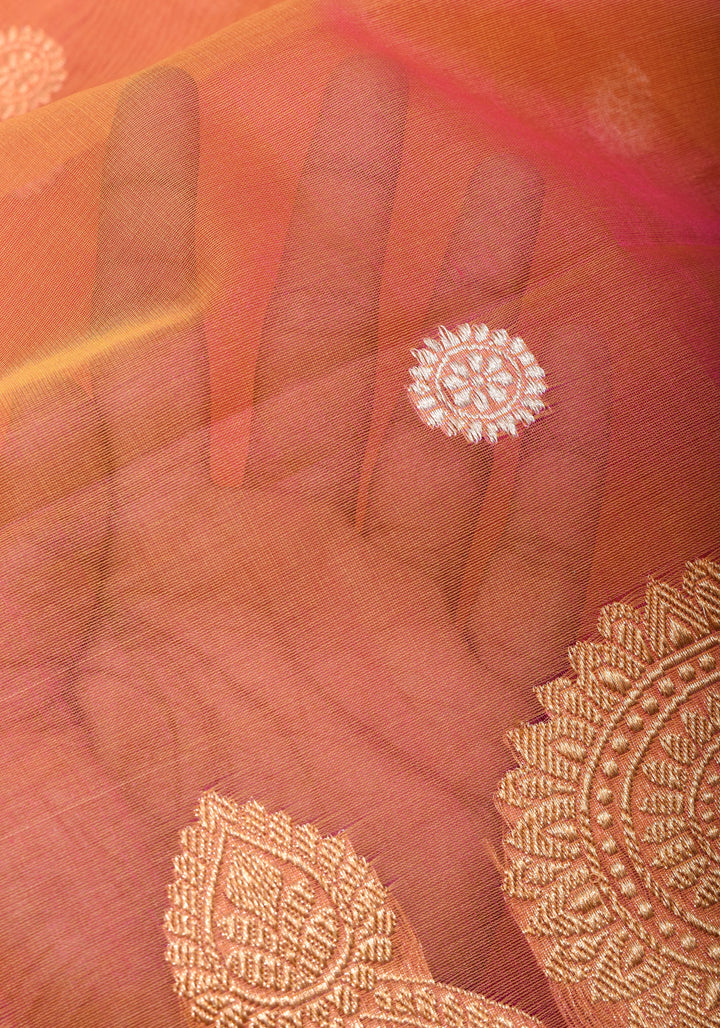 Exquisite Banarasi Kora Silk Saree with Zari Motifs in Pink and Mustard Dual Tone with kadhuwa weave | SILK MARK CERTIFIED
