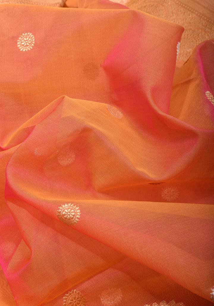 Exquisite Banarasi Kora Silk Saree with Zari Motifs in Pink and Mustard Dual Tone with kadhuwa weave | SILK MARK CERTIFIED