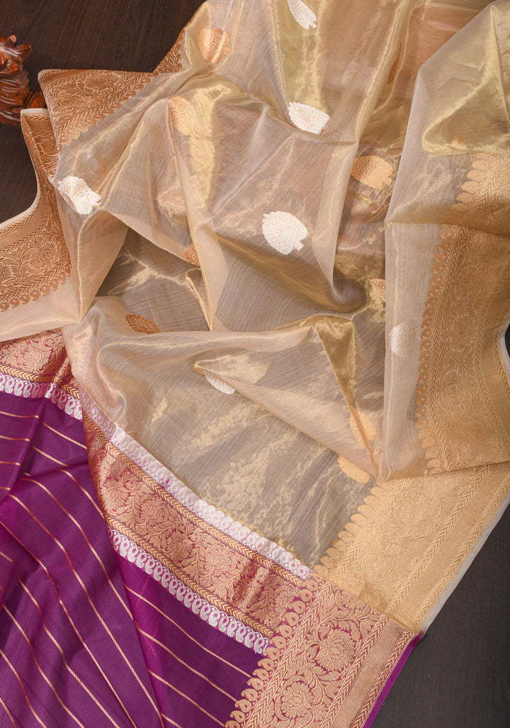 Purple and Gold  Banarasi Half Kora and Half Tissue Saree with Sona Rupa Motifs and Zari Border  | Silk Mark Certified