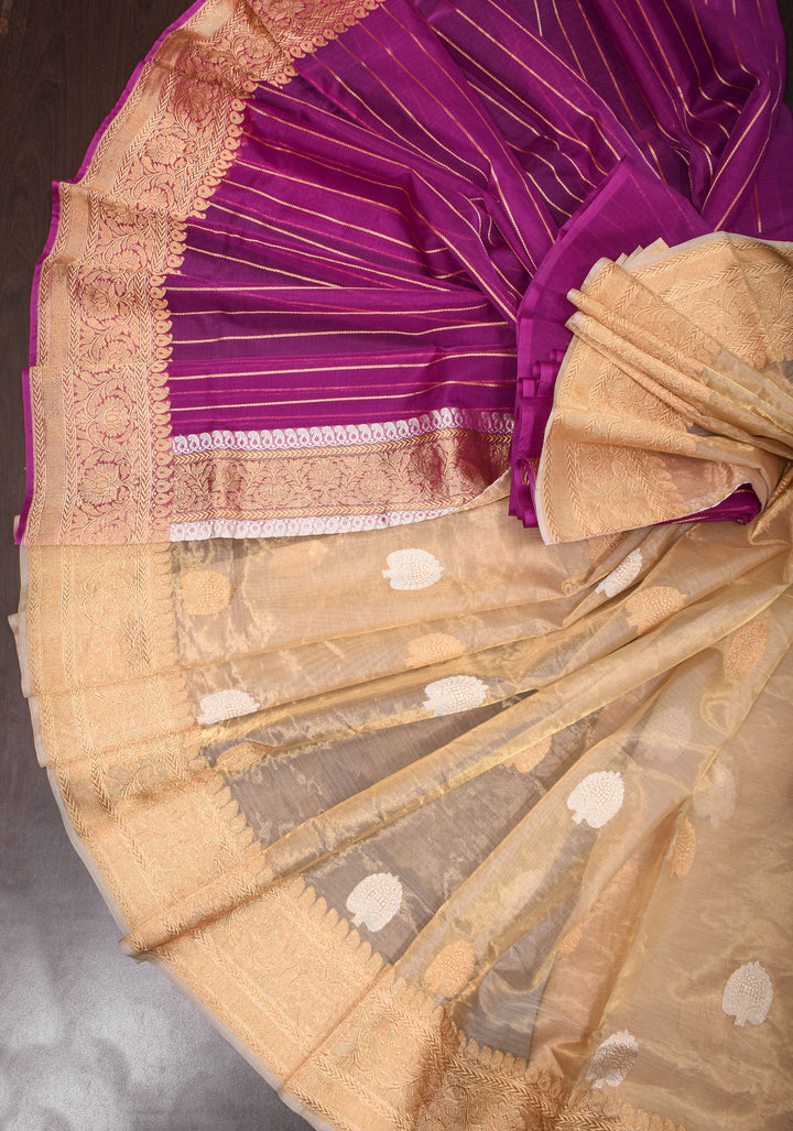 Purple and Gold  Banarasi Half Kora and Half Tissue Saree with Sona Rupa Motifs and Zari Border  | Silk Mark Certified