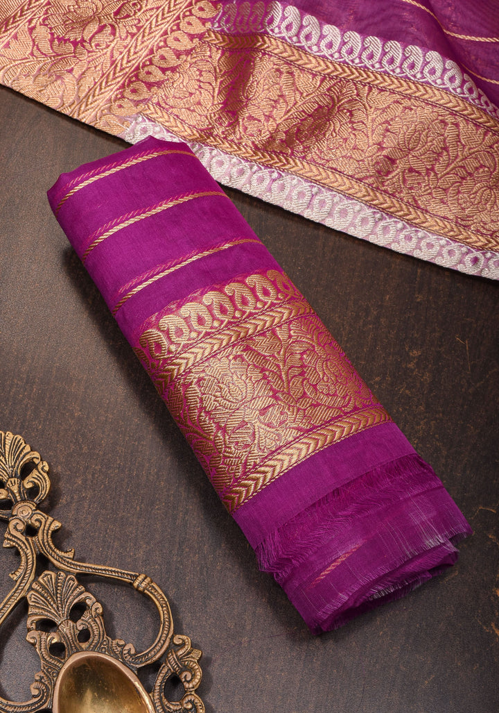 Purple and Gold  Banarasi Half Kora and Half Tissue Saree with Sona Rupa Motifs and Zari Border  | Silk Mark Certified