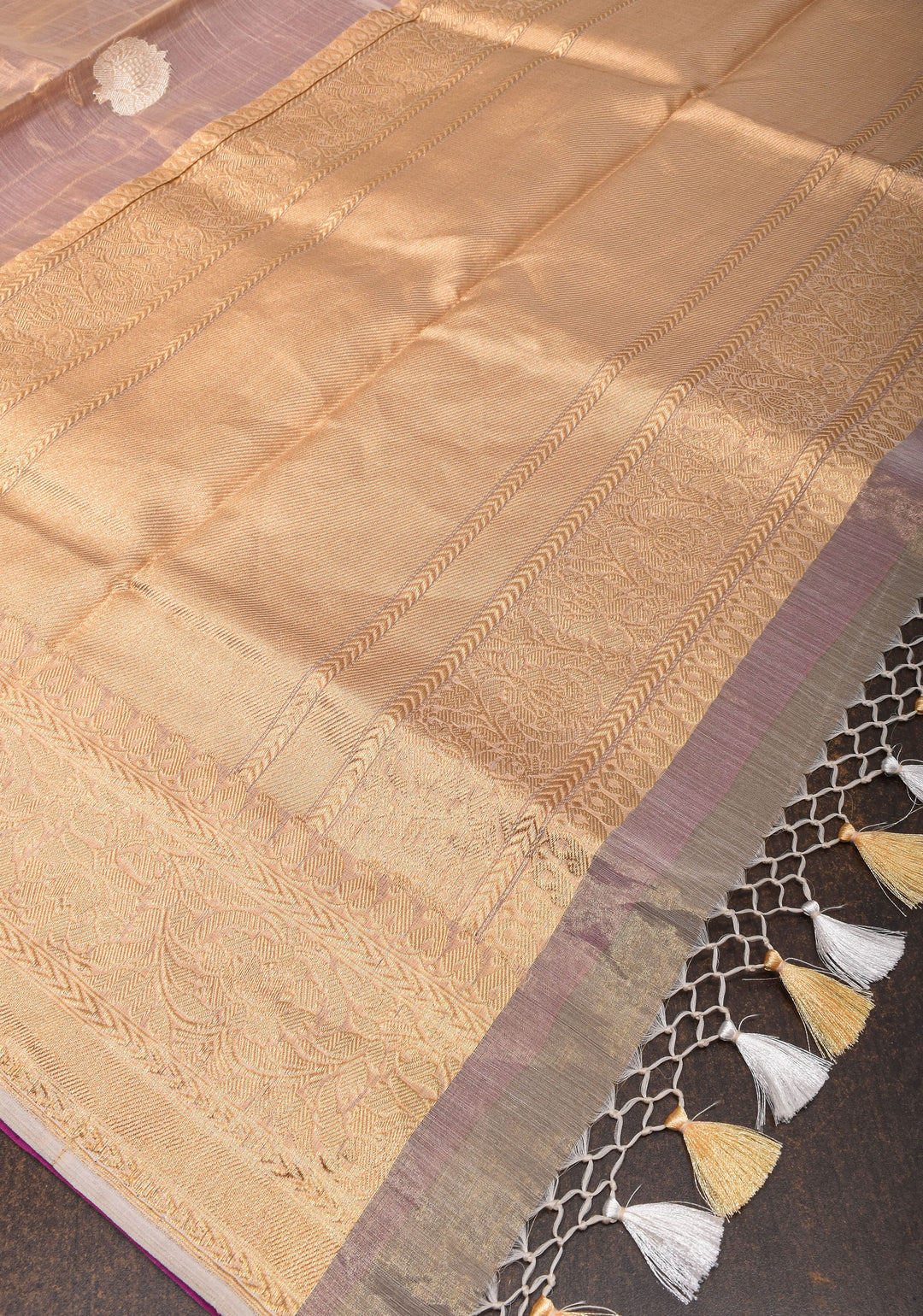 Purple and Gold  Banarasi Half Kora and Half Tissue Saree with Sona Rupa Motifs and Zari Border  | Silk Mark Certified