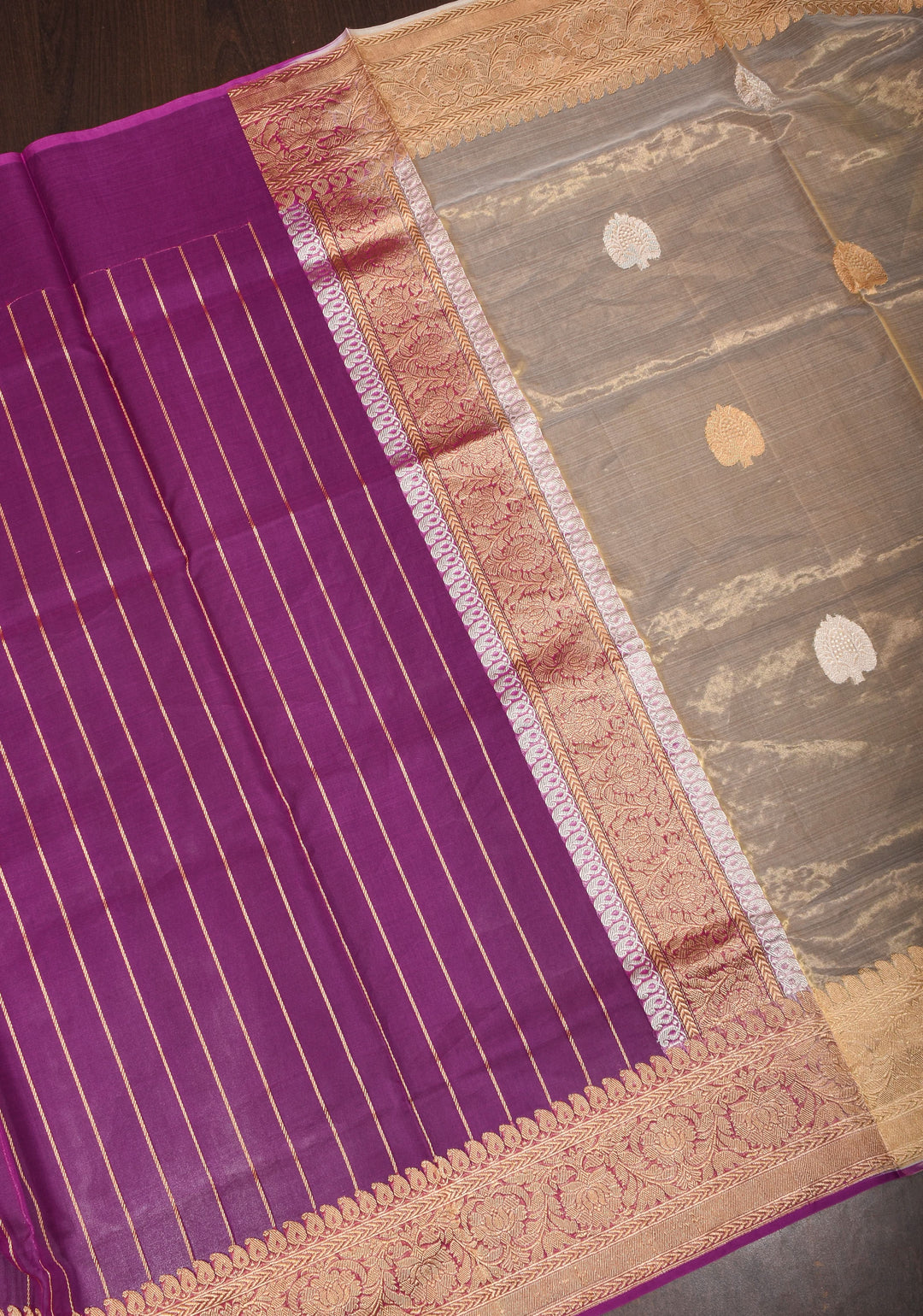 Purple and Gold  Banarasi Half Kora and Half Tissue Saree with Sona Rupa Motifs and Zari Border  | Silk Mark Certified