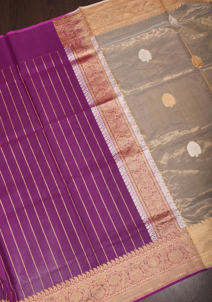Purple and Gold  Banarasi Half Kora and Half Tissue Saree with Sona Rupa Motifs and Zari Border  | Silk Mark Certified