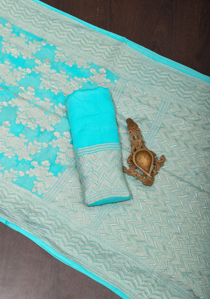Cyan Pure Georgette Silk Banarasi Saree with Rose Jaal Weave in Silver Tone Zari | SILK MARK CERTIFIED