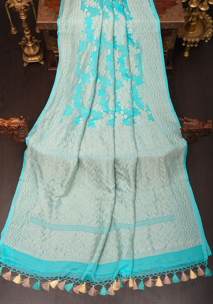 Cyan Pure Georgette Silk Banarasi Saree with Rose Jaal Weave in Silver Tone Zari | SILK MARK CERTIFIED