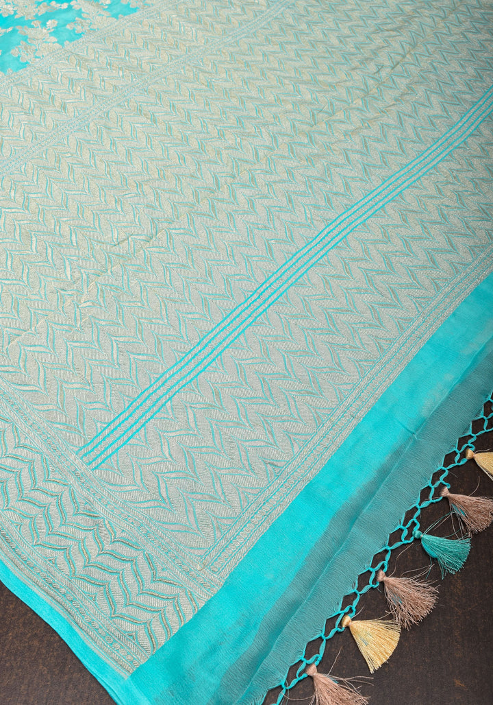 Cyan Pure Georgette Silk Banarasi Saree with Rose Jaal Weave in Silver Tone Zari | SILK MARK CERTIFIED